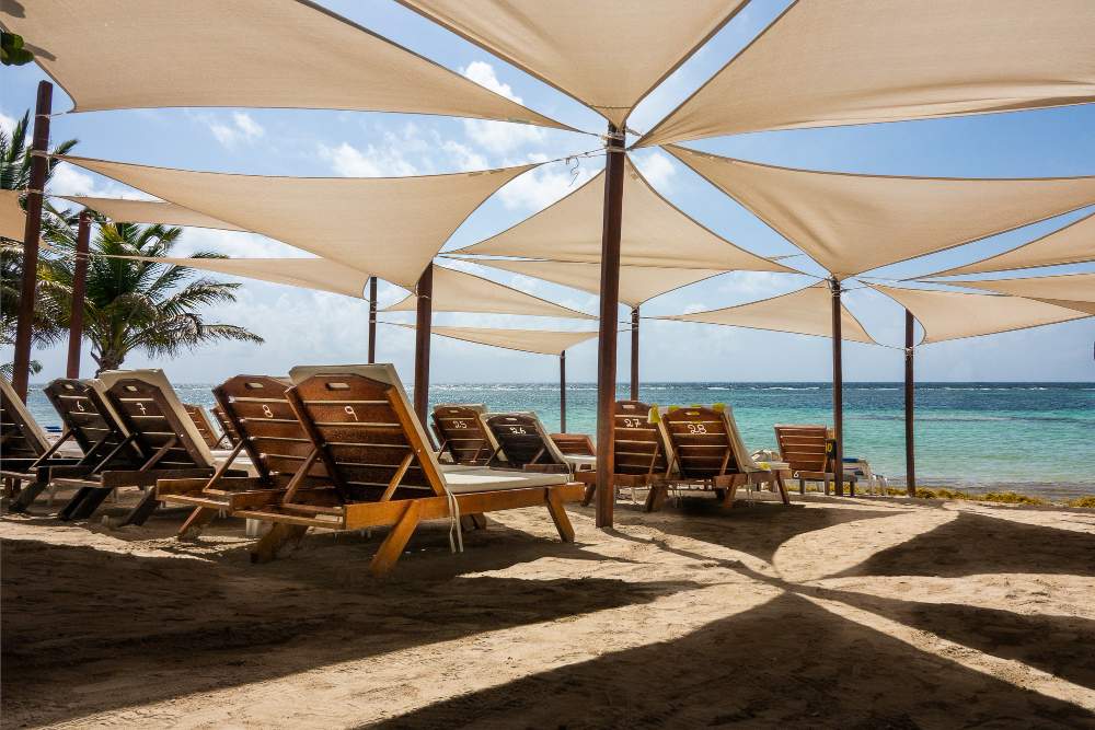 chaises longues placées les unes à côté des autres sous les parasols sur la plage