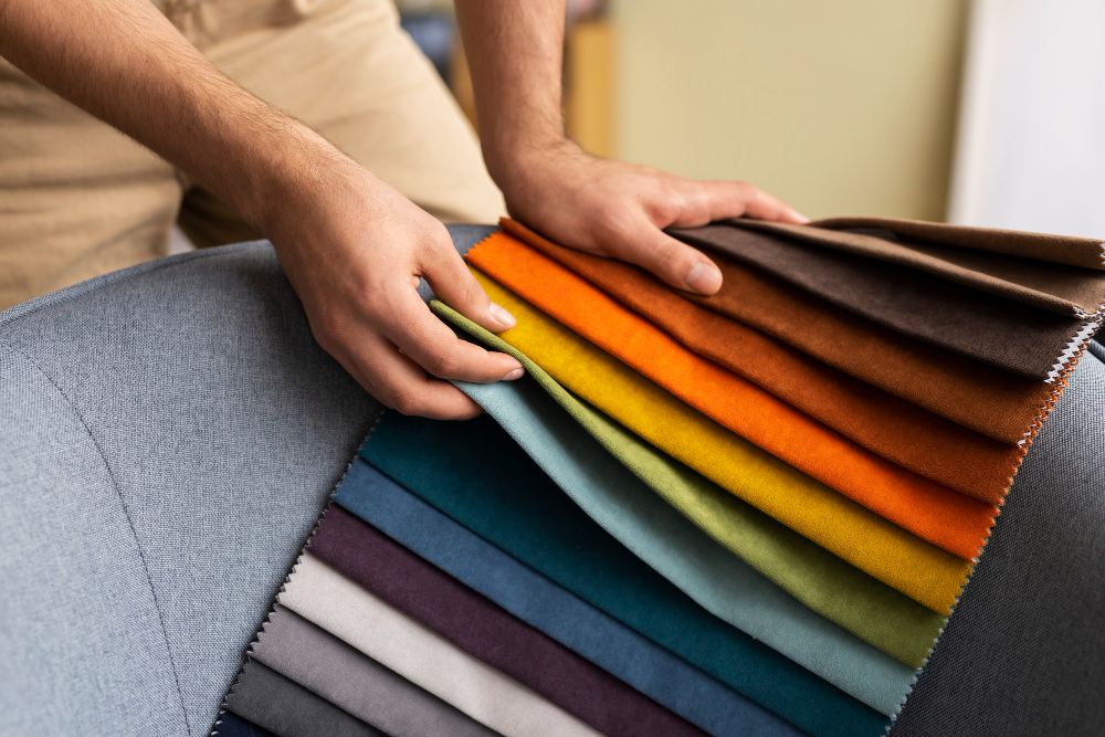 Personne consultant un nuancier de tissus d’ameublement colorés sur un canapé
